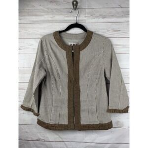 A.M.X.‎ Jacket Womens Brown White Striped Ruffle Trim Hook Eye RS25985 Cotton